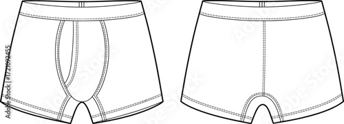 Men boxer briefs underwear vector flat sketch, front and back view template illustration, fashion apparel design for clothing and textile