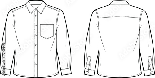 Men button down shirt vector illustration, long sleeve with front pocket, fashion flat sketch, apparel design template, clothing technical drawing outline