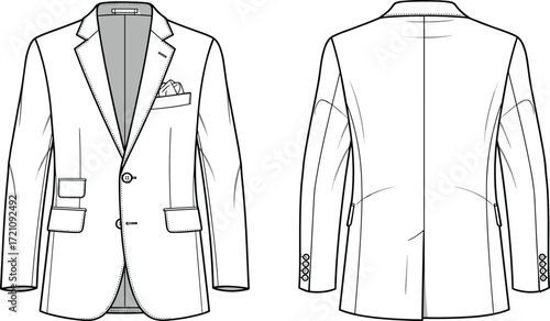 Men’s blazer fashion template vector, front and back view, suit jacket sketch illustration, stylish clothing design, garment mockup for apparel