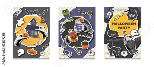 Set of Halloween greeting cards templates. Halloween concept posters. Vector flat backgrounds in a collage style.