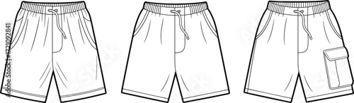 Men’s shorts flat sketch with elastic waistband, drawstring and pocket variations, fashion vector template for clothing design and apparel illustration