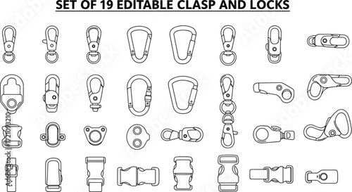 Set of 19 editable clasp and locks vector illustration, metal hook design, buckle clip fastener, carabiner accessory, outline drawing template