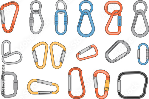 Set of colorful carabiner clip vector illustrations, climbing hooks, camping accessories, outdoor gear, safety equipment, travel keychain holders
