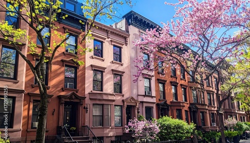 Spring-filled row houses in a city street
