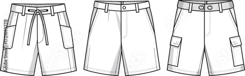 Set of men shorts flat sketch vector template, fashion apparel design, clothing pattern, casual wear, cargo shorts, summer garment illustration