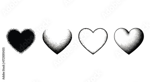 Four stylized heart icons in a row, rendered in black and white with different textures and shading techniques, isolated on a white background.