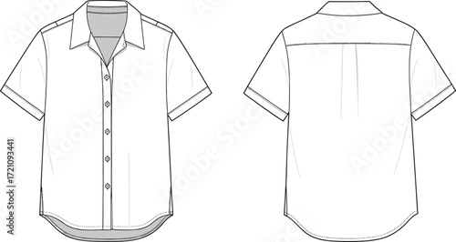 Short sleeve button down shirt flat sketch, front and back view template, apparel fashion vector, clothing garment outline, casual blouse technical drawing