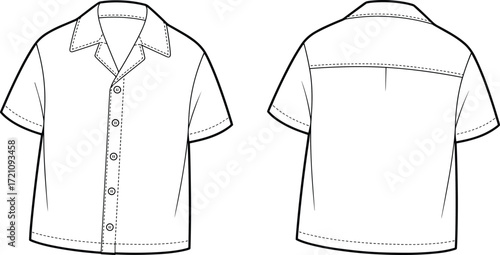 Short sleeve collared shirt flat sketch, button down shirt vector template, fashion design outline, modern apparel illustration, clothing technical drawing
