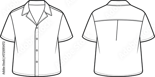 Short sleeve collared shirt flat sketch, button down vector template, fashion design illustration, casual wear garment drawing, modern clothing design