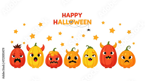 Happy Halloween with funny pumpkins: Delightful illustration featuring cheerful and diverse pumpkins, decorated with cute, cartoonish faces in celebration of Halloween.