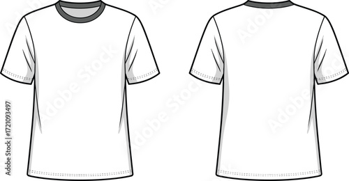 Short sleeve crew neck t-shirt flat sketch, fashion clothing template, vector apparel design, casual wear outline, modern unisex garment illustration