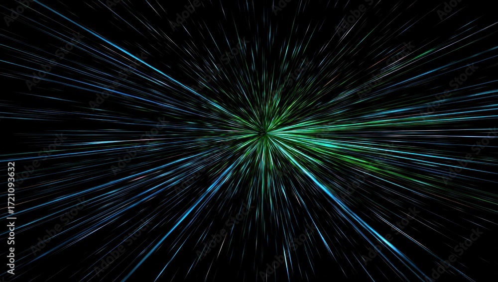 Obraz premium A vibrant burst of teal and green light rays radiates outward from a central point against a black backdrop, creating a dynamic and energetic visual effect.