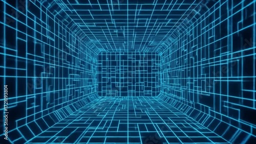Digital Tunnel With Glowing Blue Grid Lines Demonstrating Virtual Reality and Futuristic Technology