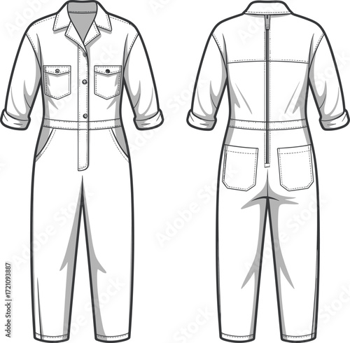 Vector flat sketch jumpsuit front and back view, fashion design template, casual long sleeve coverall, unisex apparel, clothing technical drawing illustration