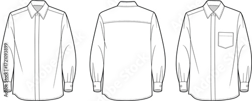 Vector flat sketch men dress shirt front and back view, long sleeve fashion design template, apparel mockup, technical garment illustration