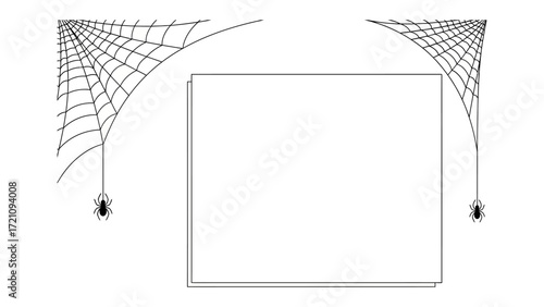 Spooky Spiderweb Composition: A minimalist illustration, featuring two spiderwebs with hanging spiders flanking a blank rectangular space, creates a visually arresting composition.