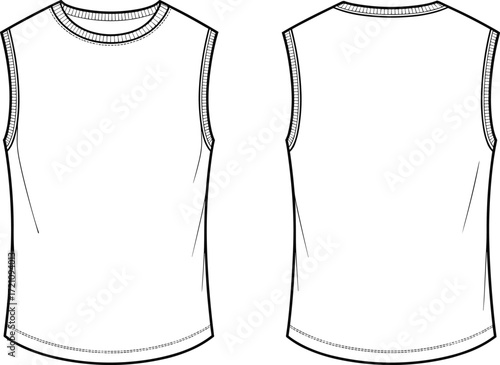 Vector flat sketch sleeveless tank top front and back view, fashion design template, casual summer shirt, unisex apparel clothing mockup illustration