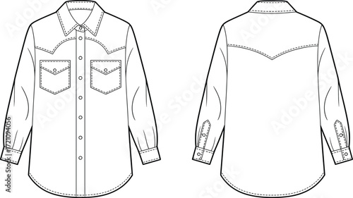 Western style button down shirt flat sketch front and back view, long sleeve shirt with collar and pockets, fashion template design