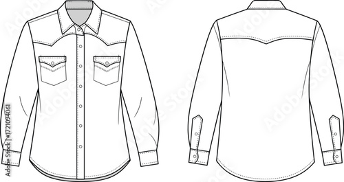Western style long sleeve shirt flat sketch front and back view, button down shirt with pockets, fashion clothing template design
