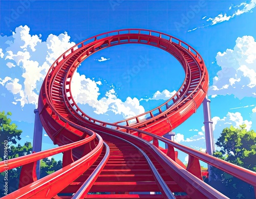 Colorful red rollercoaster loop, sunny sky
