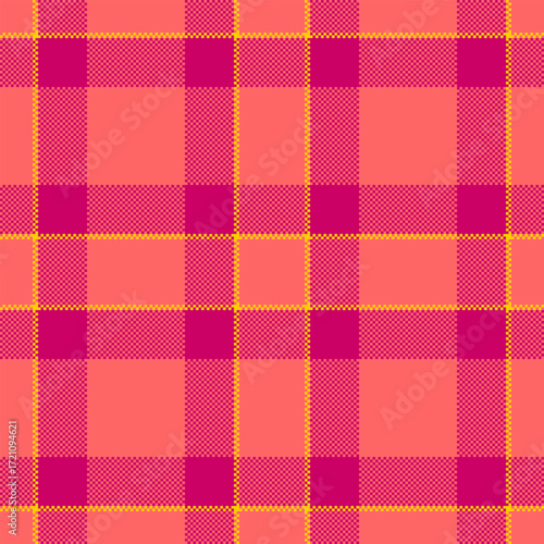 Vibrant coral, pink  gold plaid pattern.  Perfect for textile design, fashion, website backgrounds, or any project needing a cheerful, textured feel.
