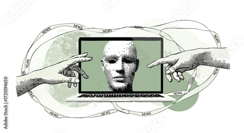 Artistic illustration of classical hands interacting with a digital face on a laptop, symbolizing humanity's connection with AI and information.