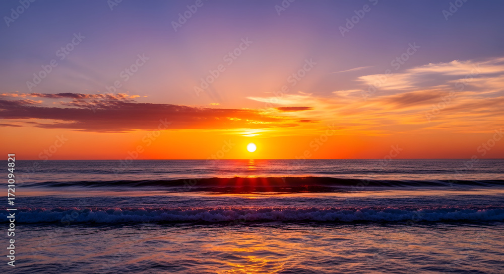 Obraz premium Ocean Sunset: A breathtaking ocean sunset paints the sky with fiery hues of orange and gold, casting a serene glow over the tranquil water. 