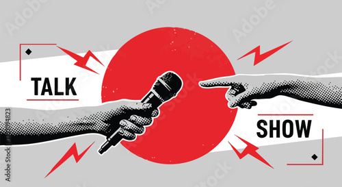Illustration of two hands, one holding a microphone and the other pointing, with the words "TALK" and "SHOW" flanking them, set against a red circle and lightning bolts.