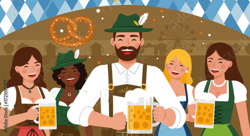 A joyful flat design illustration of people celebrating Oktoberfest, clinking beer steins and wearing traditional Bavarian clothing. This vibrant vector captures the festive spirit with clean lines.