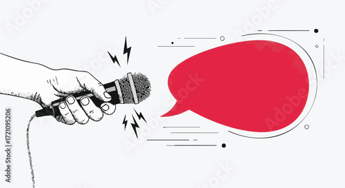 A hand holding a microphone with sound waves pointing towards a red speech bubble, symbolizing communication or public speaking.