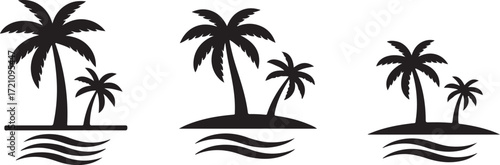 Illustration of set of three black silhouette palm trees on islands with waves