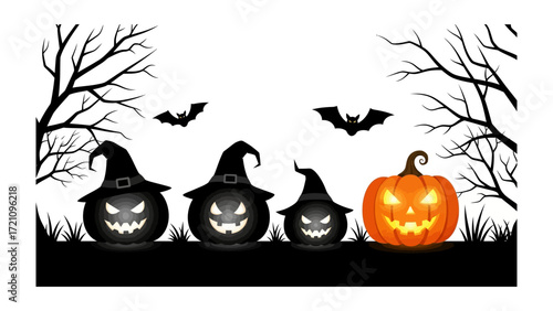 Halloween Pumpkins and Bats: A whimsical depiction of the Halloween spirit, featuring grinning pumpkins adorned with witch hats, bats and silhouettes. It is a joyful scene with all of these motifs.
