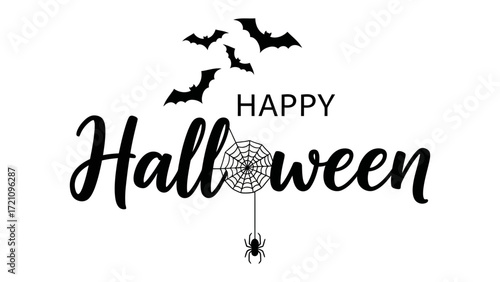 Happy Halloween: A festive Halloween-themed design featuring the words Happy Halloween, complemented by a spider web, bats, and a spider, set against a background. 