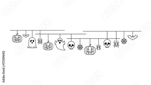 Spooky Halloween Garland: A garland featuring a collection of spooky Halloween icons including pumpkins, ghosts, skulls, bats and spiders, perfect for decorations in the fall holiday season.