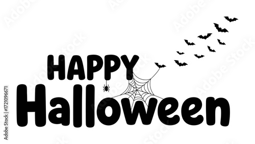 Happy Halloween Greeting: A festive design spells out Happy Halloween accompanied by bats, spider, and web in a simple yet striking design for the spooky season.