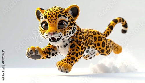 Playful Cartoon Jaguar Cub Running on White Background