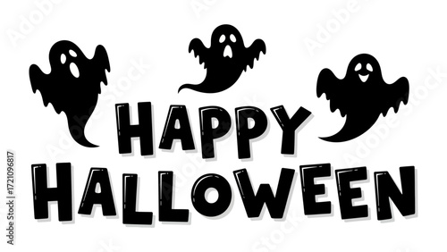 Happy Halloween: Celebrate the spooky season with a festive design featuring cheerful ghosts and bold typography, perfect for spreading Halloween greetings.