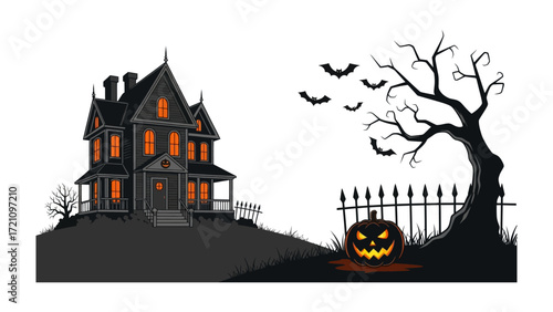 Spooky Halloween Scene: A shadowy silhouette of a haunted mansion stands atop a hill. A carved pumpkin radiates an eerie glow near a spooky tree. Silhouetted bats fly through the moonlit sky.