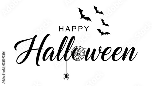 Happy Halloween Greeting: A festive Happy Halloween design with a charming typography that includes bats, spider and cobweb against a background . This evokes the spirit of the spooky holiday.