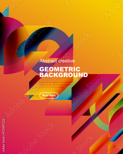 Bright abstract geometric background. Vivid colors, overlapping shapes create dynamic visual effect. Text promotes further exploration.