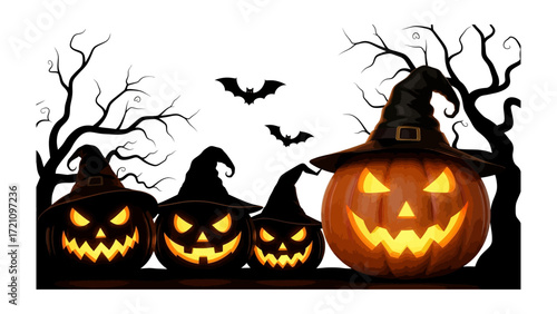 Spooky Pumpkin Patch: A thrilling Halloween scene unfolds, with grinning jack-o'-lanterns donning eerie hats and illuminated by an internal glow. bats hover against a backdrop of gnarled.