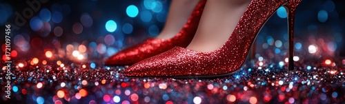 A close up of a woman ' s red high heeled shoes on a glitter surface banner