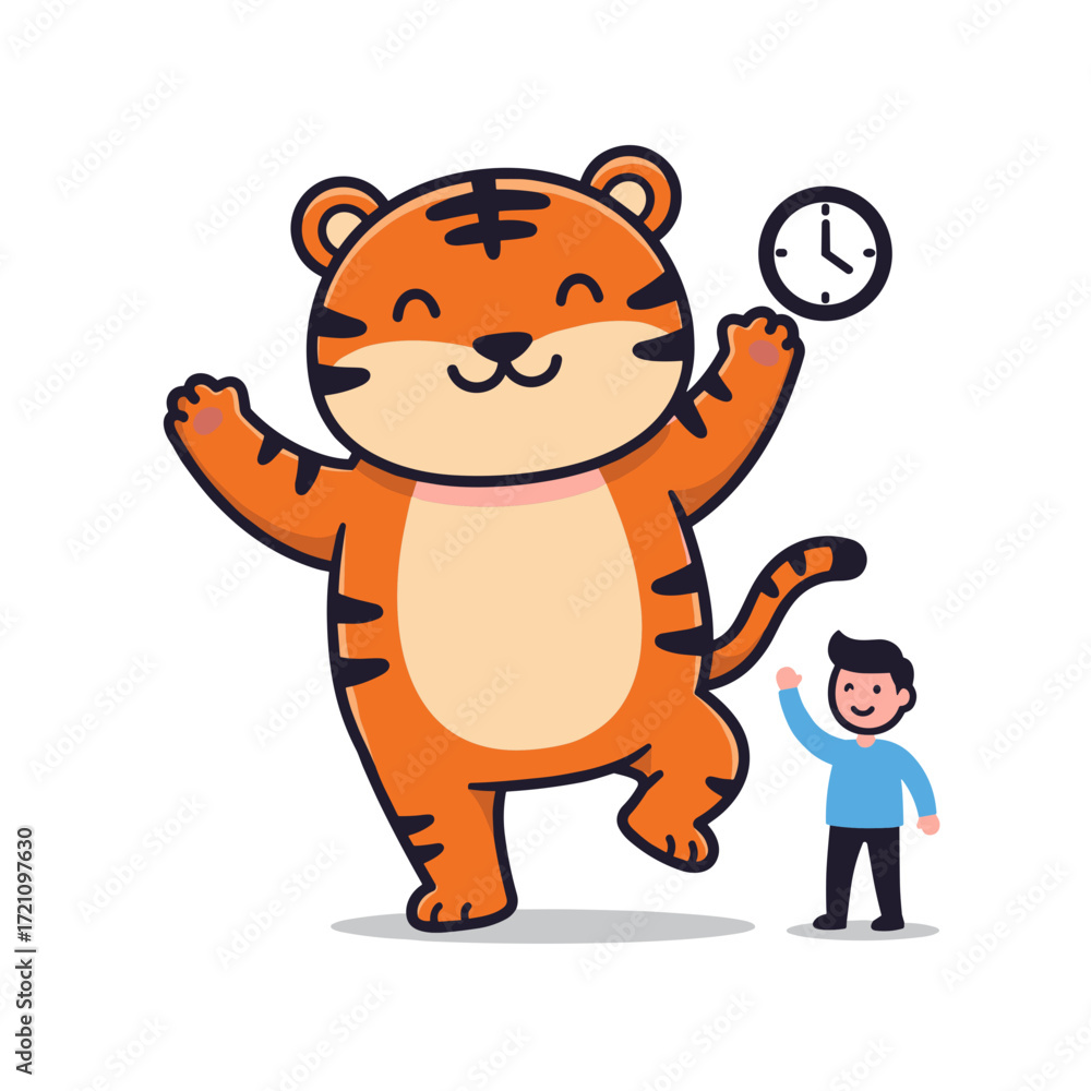 Obraz premium Cute Tiger Cartoon with Person and Clock