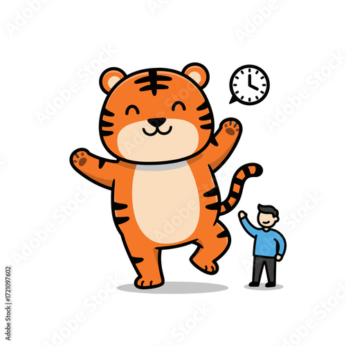 Funny Cartoon Tiger with Person and Alarm Clock