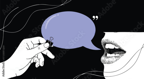 Conceptual illustration of a hand holding a speech bubble with a binder clip, symbolizing censorship or controlled speech.