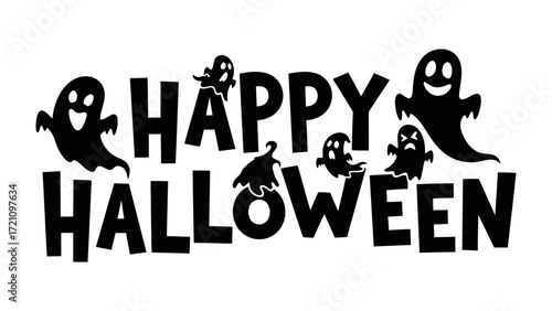 Happy Halloween Greeting Card: A fun-filled Happy Halloween greeting, featuring a lively mix of ghosts ready for a festive celebration. Evoking spooky charm and childlike wonder.