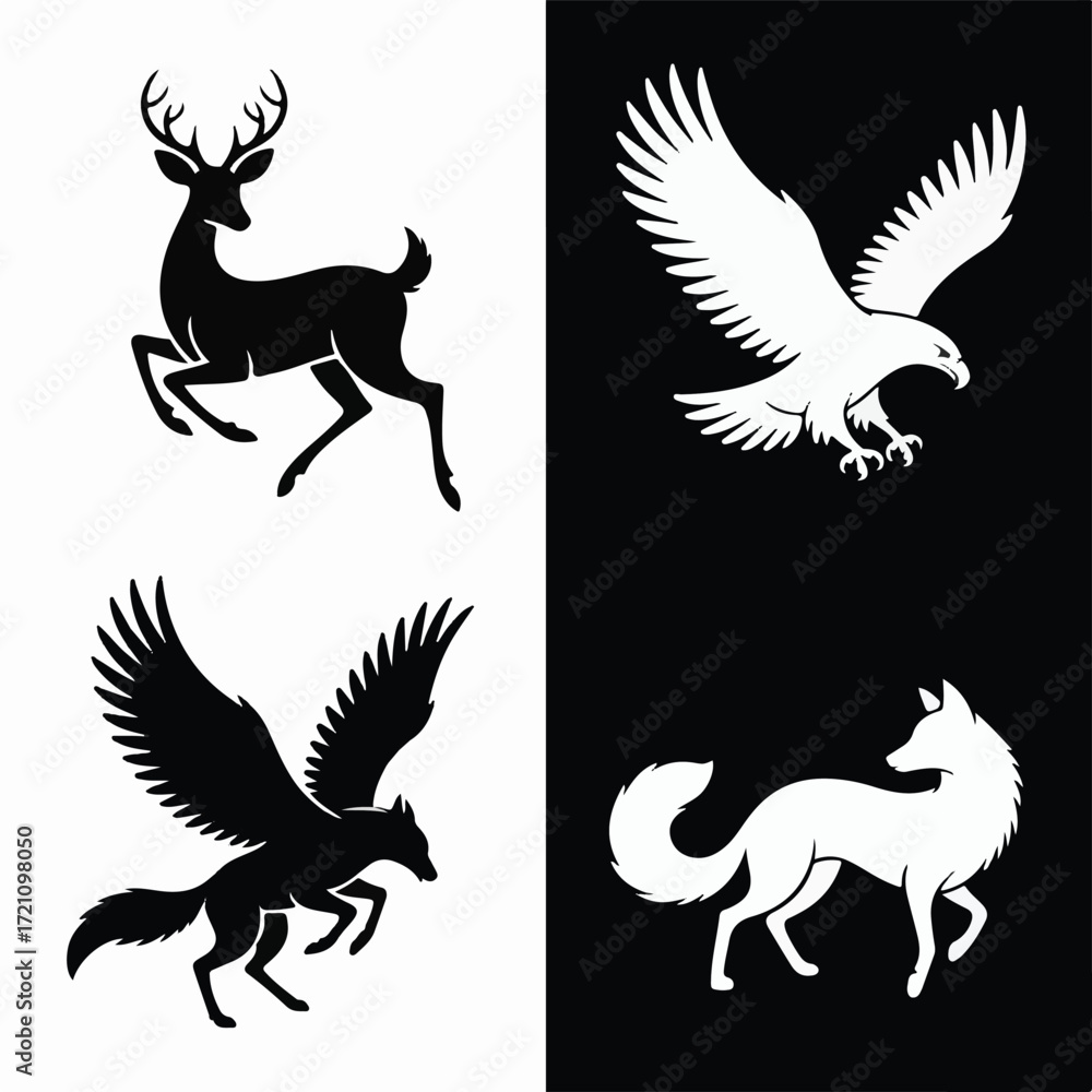 Naklejka premium Deer, Eagle, Fox, and Wolf Silhouette Icons