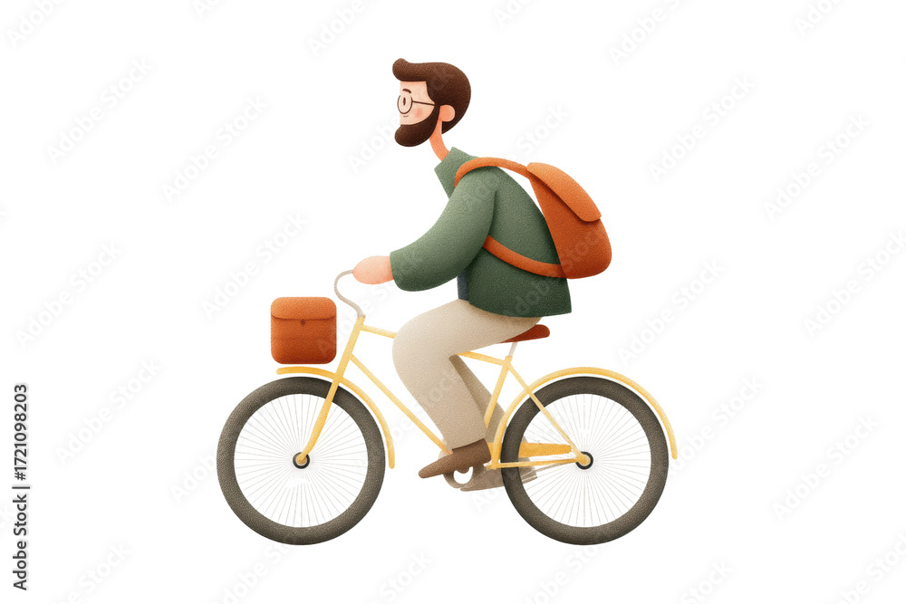 Obraz premium Animated bearded male riding bicycle with backpack and sunglasses, cut out