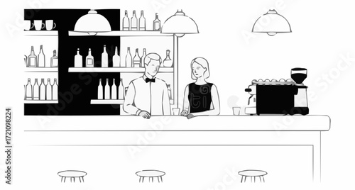 Elegant vintage bar scene with a dapper bartender and stylish woman enjoying drinks, reminiscent of classic movies, perfect for upscale branding and design