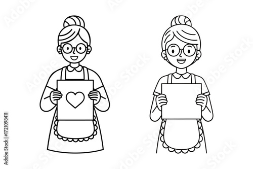 Smiling Woman in Apron Holding Sign – Cute Line Art Vector